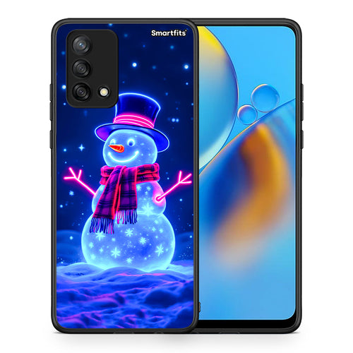 Θήκη Oppo A74 4G Christmas Neon Snowman από τη Smartfits με σχέδιο στο πίσω μέρος και μαύρο περίβλημα | Oppo A74 4G Christmas Neon Snowman case with colorful back and black bezels