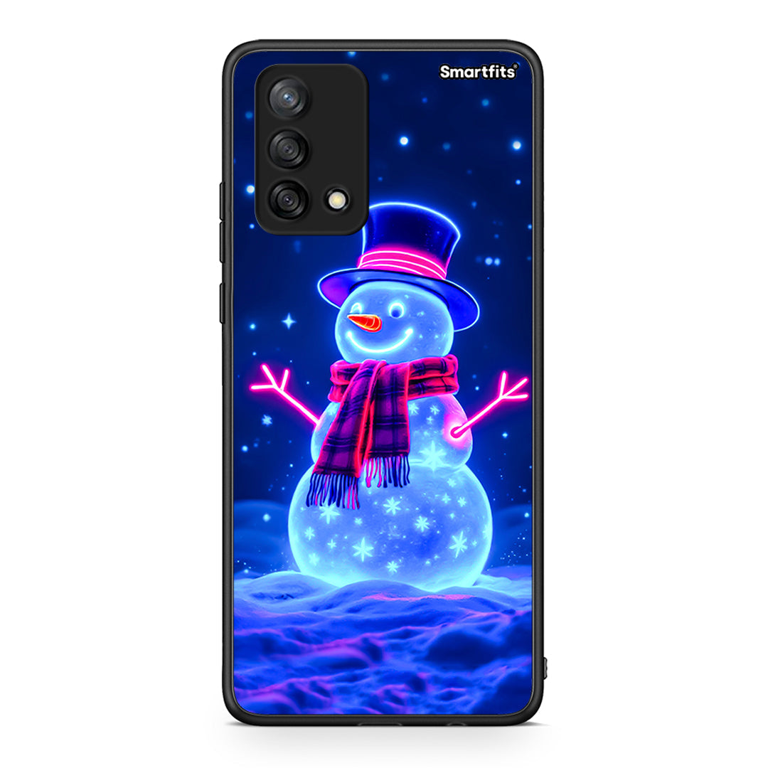 Oppo A74 4G Christmas Neon Snowman θήκη από τη Smartfits με σχέδιο στο πίσω μέρος και μαύρο περίβλημα | Smartphone case with colorful back and black bezels by Smartfits