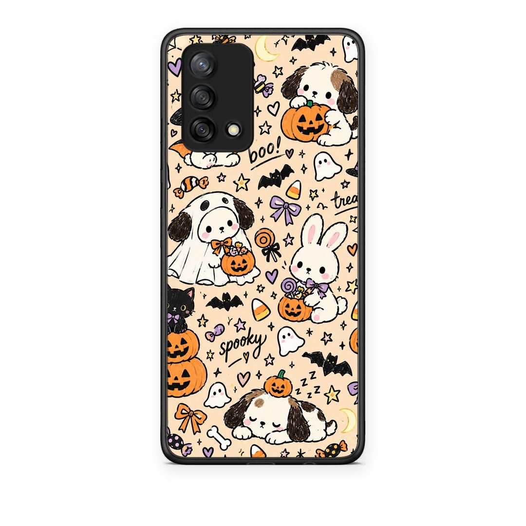 Θήκη Oppo A74 4G Halloween Puppies and Friends on Cream από τη Smartfits με σχέδιο στο πίσω μέρος και μαύρο περίβλημα | Oppo A74 4G Halloween Puppies and Friends on Cream case with colorful back and black bezels