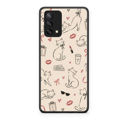 Θήκη Oppo A74 4G Minimal Cat and Fashion Doodles on Cream από τη Smartfits με σχέδιο στο πίσω μέρος και μαύρο περίβλημα | Oppo A74 4G Minimal Cat and Fashion Doodles on Cream case with colorful back and black bezels