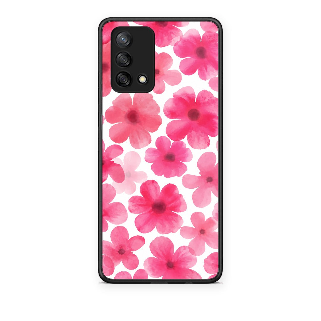 Θήκη Oppo A74 4G Pink Watercolour Flowers on White από τη Smartfits με σχέδιο στο πίσω μέρος και μαύρο περίβλημα | Oppo A74 4G Pink Watercolour Flowers on White case with colorful back and black bezels