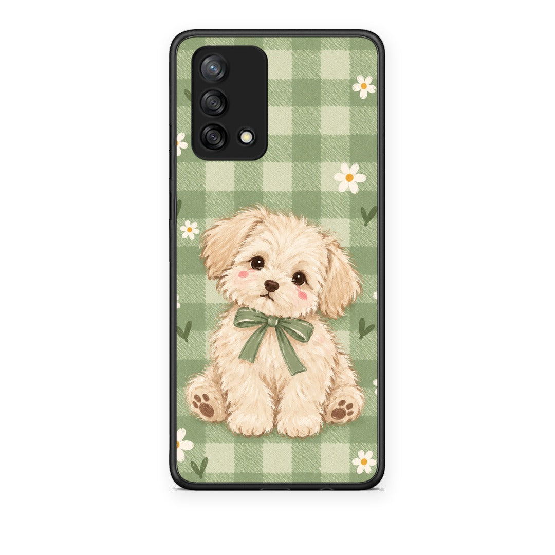 Θήκη Oppo A74 4G Puppy and Daisies on Sage Gingham από τη Smartfits με σχέδιο στο πίσω μέρος και μαύρο περίβλημα | Oppo A74 4G Puppy and Daisies on Sage Gingham case with colorful back and black bezels