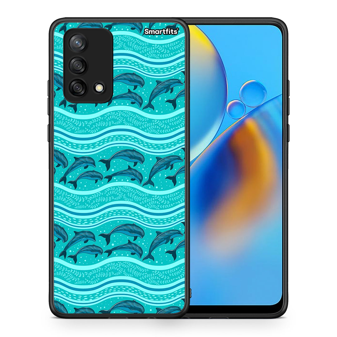 Θήκη Oppo A74 4G Swimming Dolphins από τη Smartfits με σχέδιο στο πίσω μέρος και μαύρο περίβλημα | Oppo A74 4G Swimming Dolphins case with colorful back and black bezels