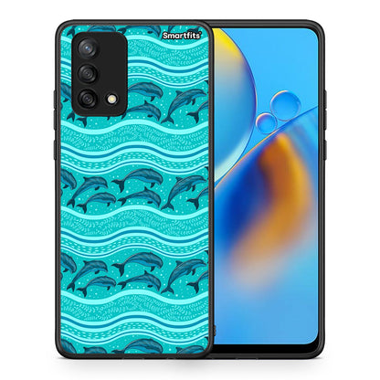 Θήκη Oppo A74 4G Swimming Dolphins από τη Smartfits με σχέδιο στο πίσω μέρος και μαύρο περίβλημα | Oppo A74 4G Swimming Dolphins case with colorful back and black bezels