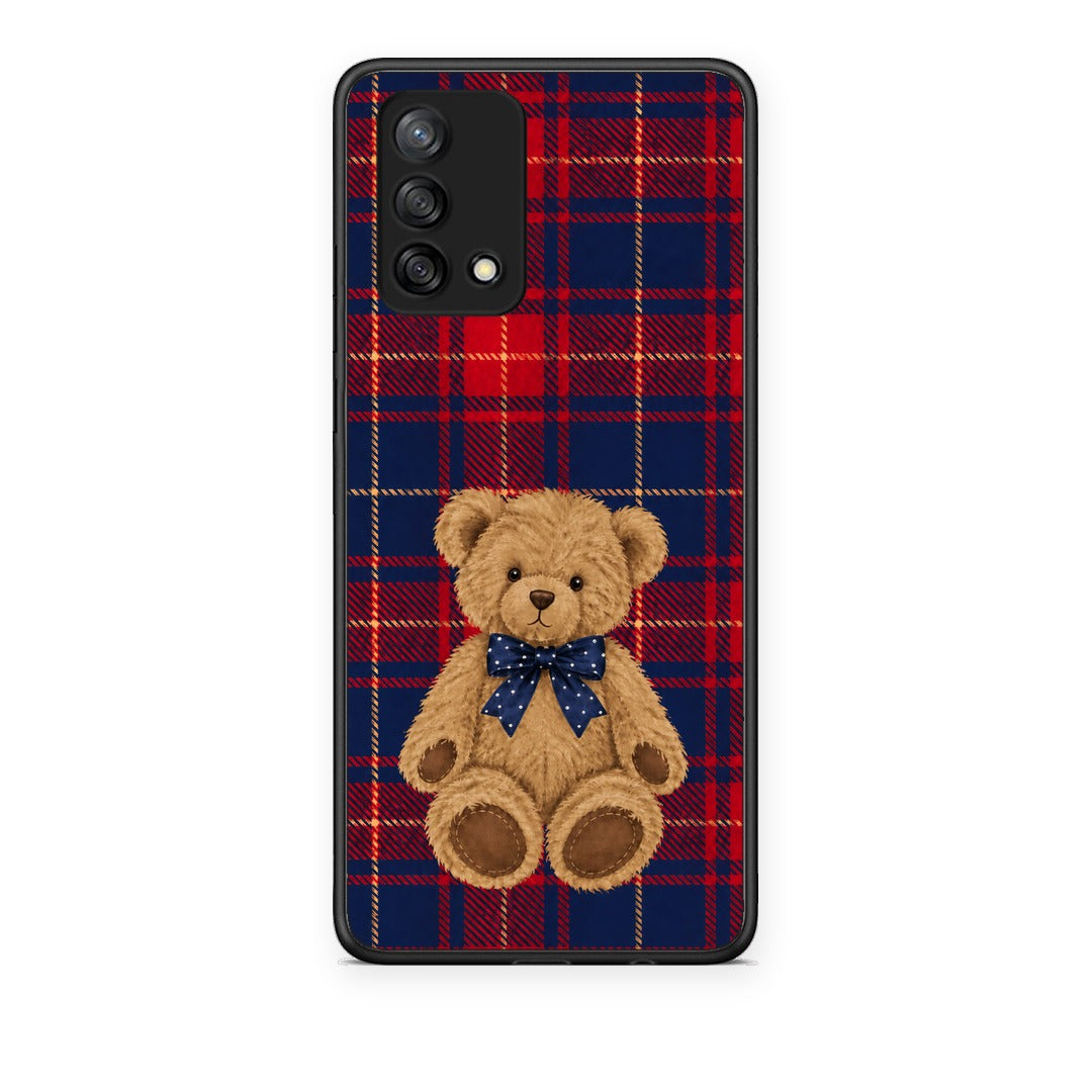 Θήκη Oppo A74 4G Teddy Bear on Red and Navy Tartan από τη Smartfits με σχέδιο στο πίσω μέρος και μαύρο περίβλημα | Oppo A74 4G Teddy Bear on Red and Navy Tartan case with colorful back and black bezels