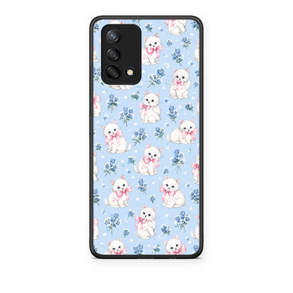 Θήκη Oppo A74 4G White Kittens and Blue Flowers Small από τη Smartfits με σχέδιο στο πίσω μέρος και μαύρο περίβλημα | Oppo A74 4G White Kittens and Blue Flowers Small case with colorful back and black bezels
