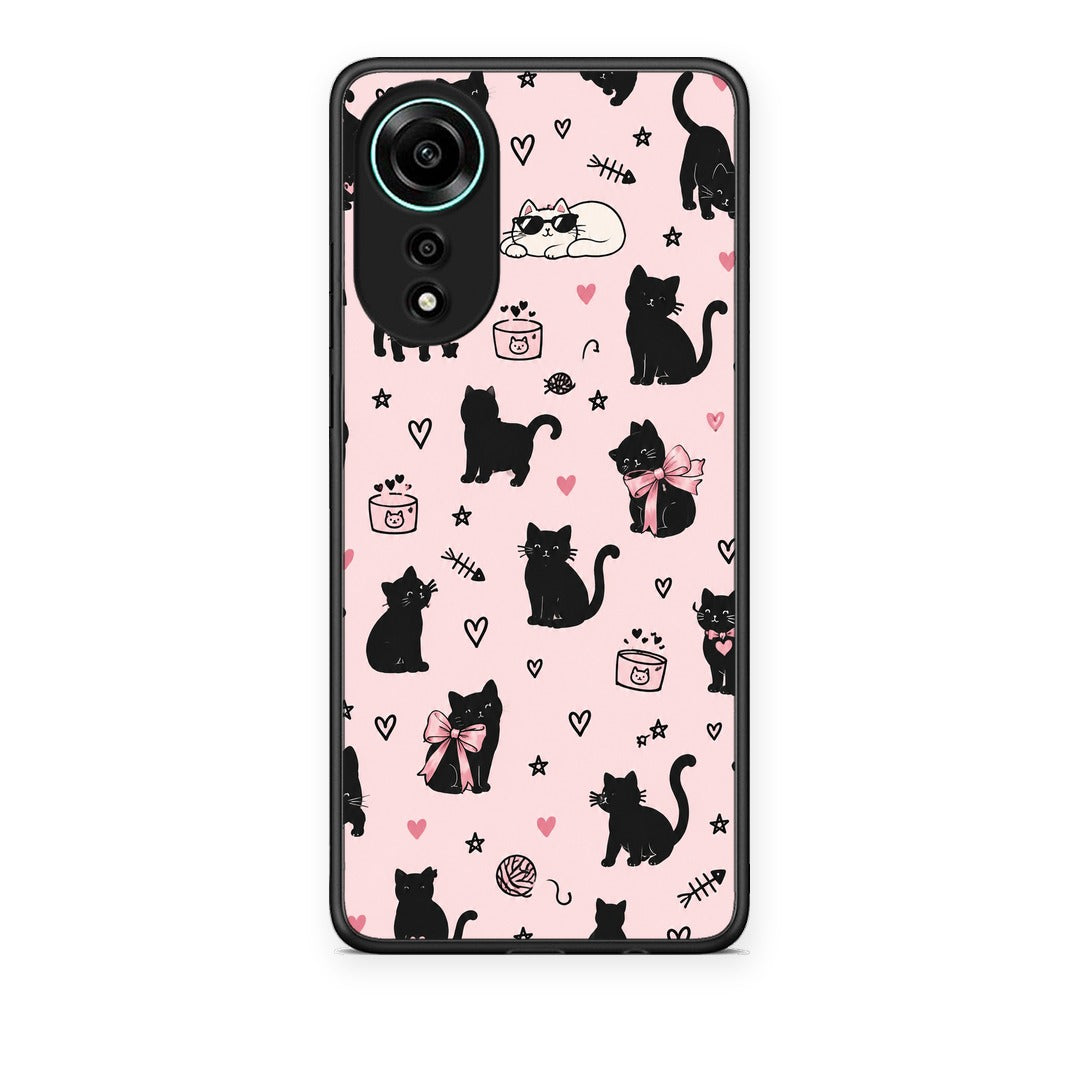 Θήκη Oppo A78 4G Black Cat Doodles on Pink από τη Smartfits με σχέδιο στο πίσω μέρος και μαύρο περίβλημα | Oppo A78 4G Black Cat Doodles on Pink case with colorful back and black bezels