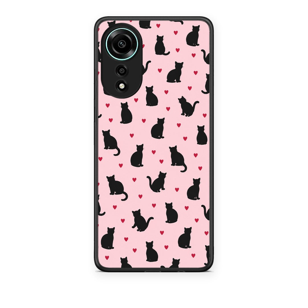 Θήκη Oppo A78 4G Black Cat Silhouettes and Hearts on Pink από τη Smartfits με σχέδιο στο πίσω μέρος και μαύρο περίβλημα | Oppo A78 4G Black Cat Silhouettes and Hearts on Pink case with colorful back and black bezels