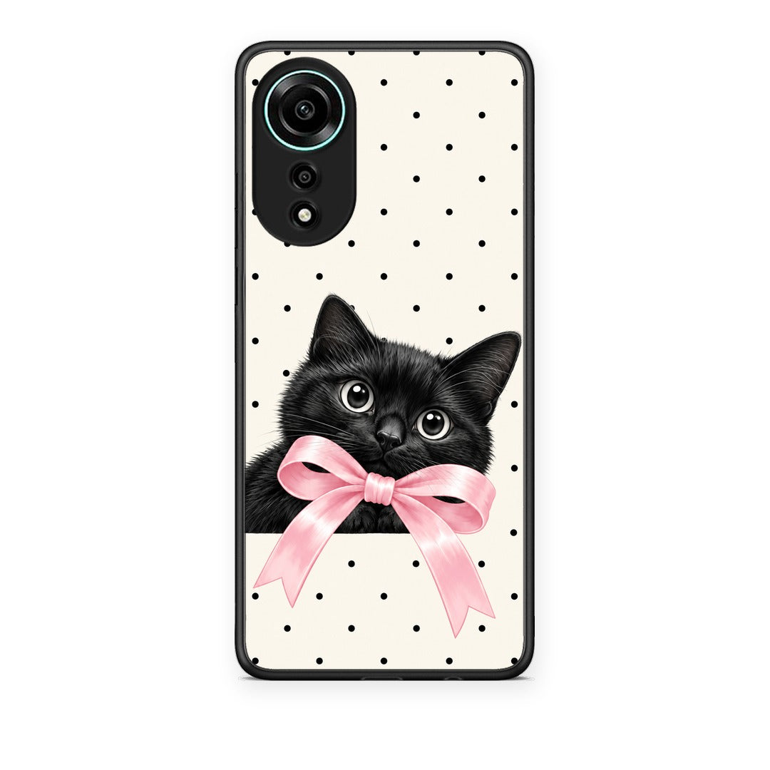 Θήκη Oppo A78 4G Black Kitten Pink Bow and Polka Dots από τη Smartfits με σχέδιο στο πίσω μέρος και μαύρο περίβλημα | Oppo A78 4G Black Kitten Pink Bow and Polka Dots case with colorful back and black bezels