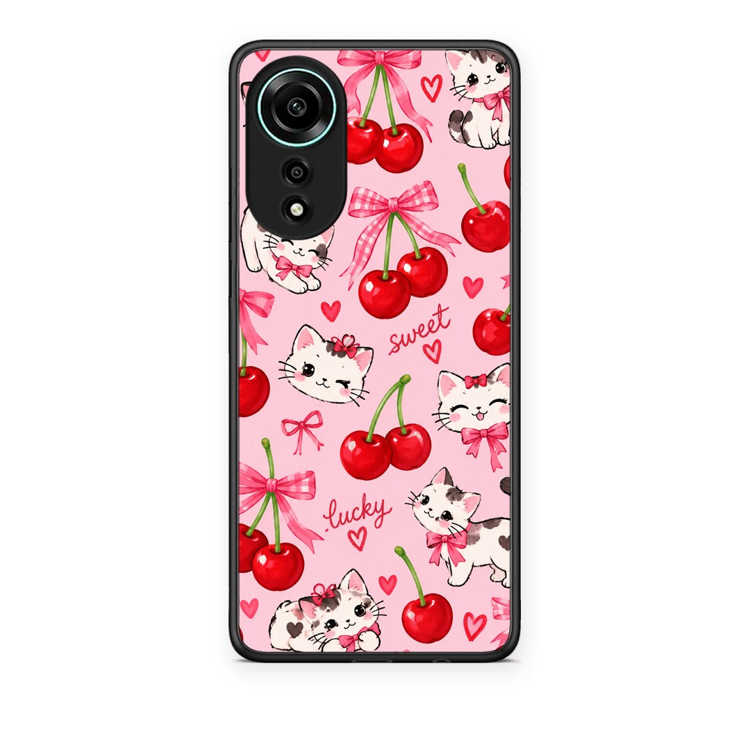 Θήκη Oppo A78 4G Cherries Bows and Kittens on Pink από τη Smartfits με σχέδιο στο πίσω μέρος και μαύρο περίβλημα | Oppo A78 4G Cherries Bows and Kittens on Pink case with colorful back and black bezels