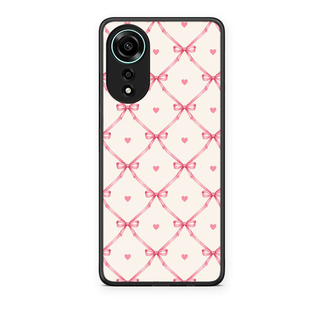 Θήκη Oppo A78 4G Pink Bow Lattice and Hearts on Cream από τη Smartfits με σχέδιο στο πίσω μέρος και μαύρο περίβλημα | Oppo A78 4G Pink Bow Lattice and Hearts on Cream case with colorful back and black bezels