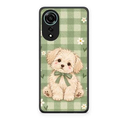 Θήκη Oppo A78 4G Puppy and Daisies on Sage Gingham από τη Smartfits με σχέδιο στο πίσω μέρος και μαύρο περίβλημα | Oppo A78 4G Puppy and Daisies on Sage Gingham case with colorful back and black bezels
