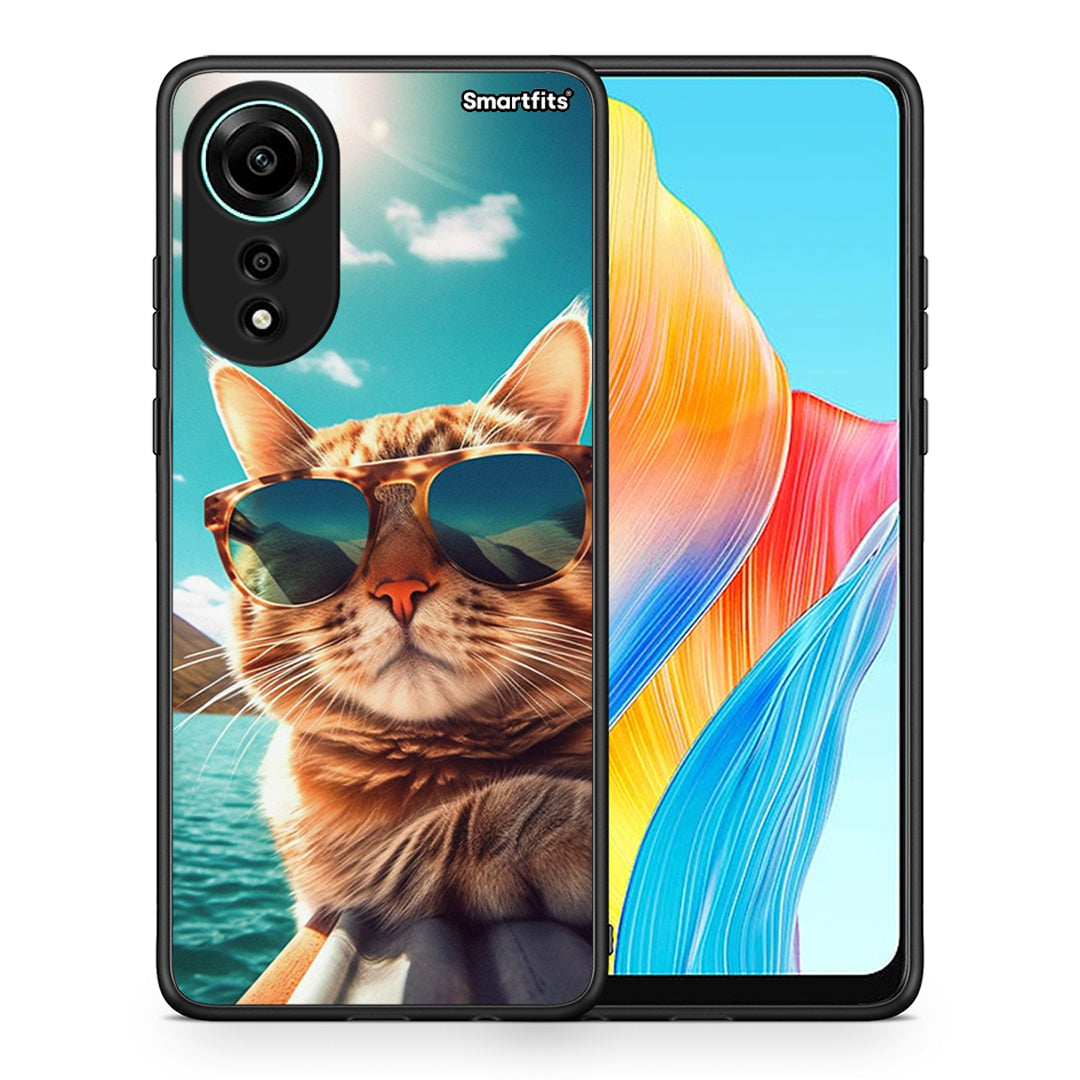 Θήκη Oppo A78 4G Summer Cat από τη Smartfits με σχέδιο στο πίσω μέρος και μαύρο περίβλημα | Oppo A78 4G Summer Cat case with colorful back and black bezels