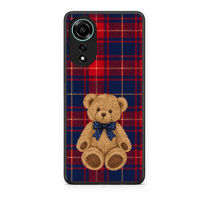 Θήκη Oppo A78 4G Teddy Bear on Red and Navy Tartan από τη Smartfits με σχέδιο στο πίσω μέρος και μαύρο περίβλημα | Oppo A78 4G Teddy Bear on Red and Navy Tartan case with colorful back and black bezels