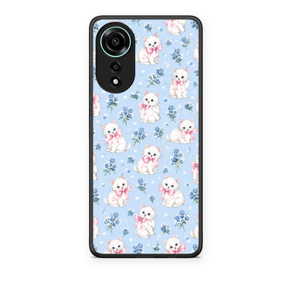 Θήκη Oppo A78 4G White Kittens and Blue Flowers Small από τη Smartfits με σχέδιο στο πίσω μέρος και μαύρο περίβλημα | Oppo A78 4G White Kittens and Blue Flowers Small case with colorful back and black bezels