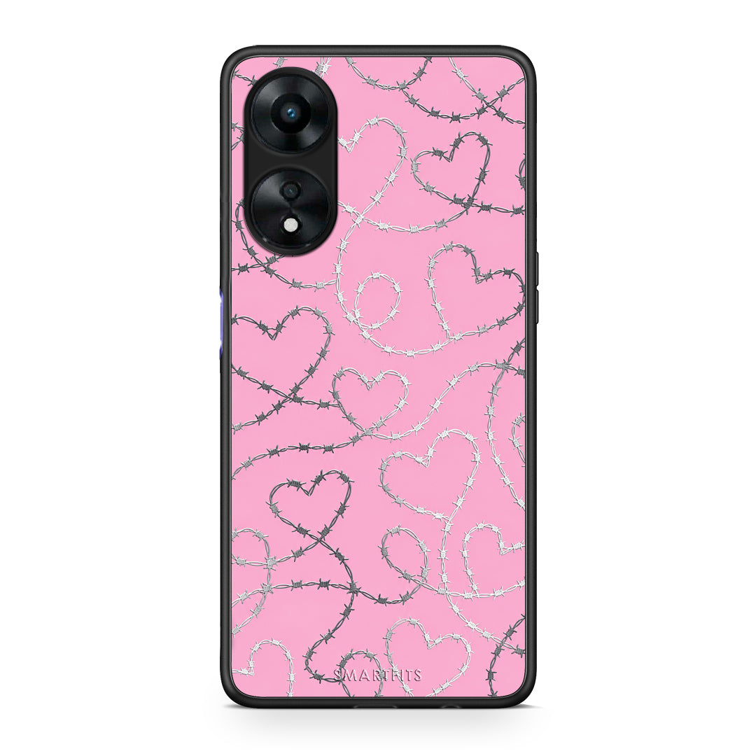 Θήκη Oppo A78 5G Barbed Wire Hearts on Pink από τη Smartfits με σχέδιο στο πίσω μέρος και μαύρο περίβλημα | Oppo A78 5G Barbed Wire Hearts on Pink case with colorful back and black bezels