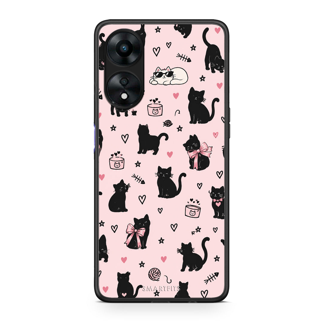 Θήκη Oppo A78 5G Black Cat Doodles on Pink από τη Smartfits με σχέδιο στο πίσω μέρος και μαύρο περίβλημα | Oppo A78 5G Black Cat Doodles on Pink case with colorful back and black bezels