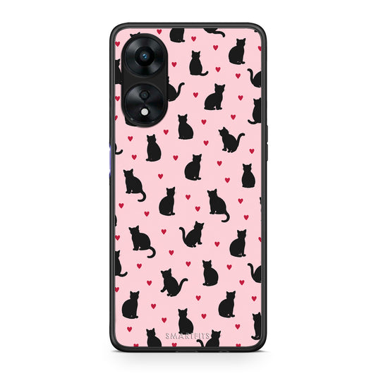 Θήκη Oppo A78 5G Black Cat Silhouettes and Hearts on Pink από τη Smartfits με σχέδιο στο πίσω μέρος και μαύρο περίβλημα | Oppo A78 5G Black Cat Silhouettes and Hearts on Pink case with colorful back and black bezels