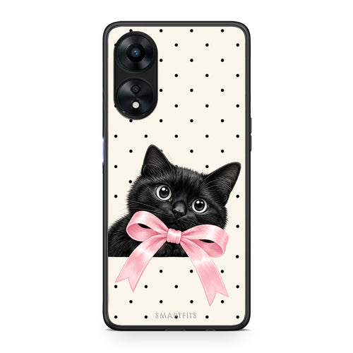 Θήκη Oppo A78 5G Black Kitten Pink Bow and Polka Dots από τη Smartfits με σχέδιο στο πίσω μέρος και μαύρο περίβλημα | Oppo A78 5G Black Kitten Pink Bow and Polka Dots case with colorful back and black bezels