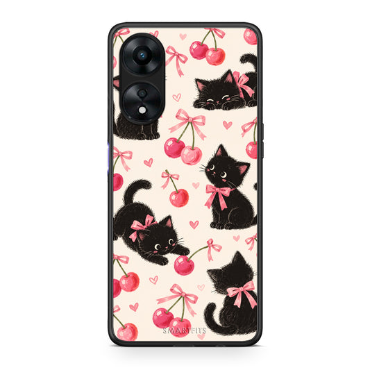 Θήκη Oppo A78 5G Black Kittens and Cherries on Cream από τη Smartfits με σχέδιο στο πίσω μέρος και μαύρο περίβλημα | Oppo A78 5G Black Kittens and Cherries on Cream case with colorful back and black bezels