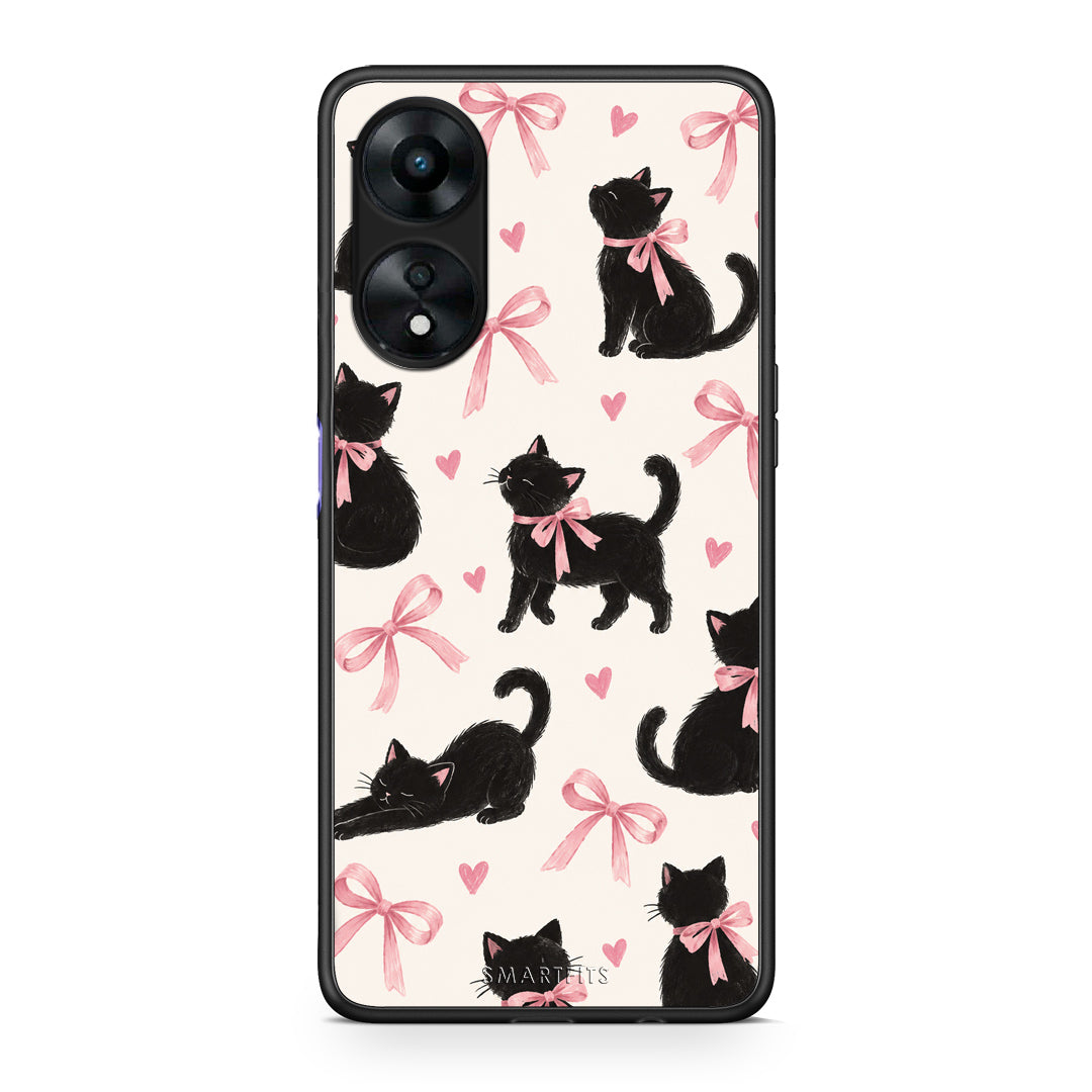 Θήκη Oppo A78 5G Black Kittens and Pink Bows on Cream Large από τη Smartfits με σχέδιο στο πίσω μέρος και μαύρο περίβλημα | Oppo A78 5G Black Kittens and Pink Bows on Cream Large case with colorful back and black bezels