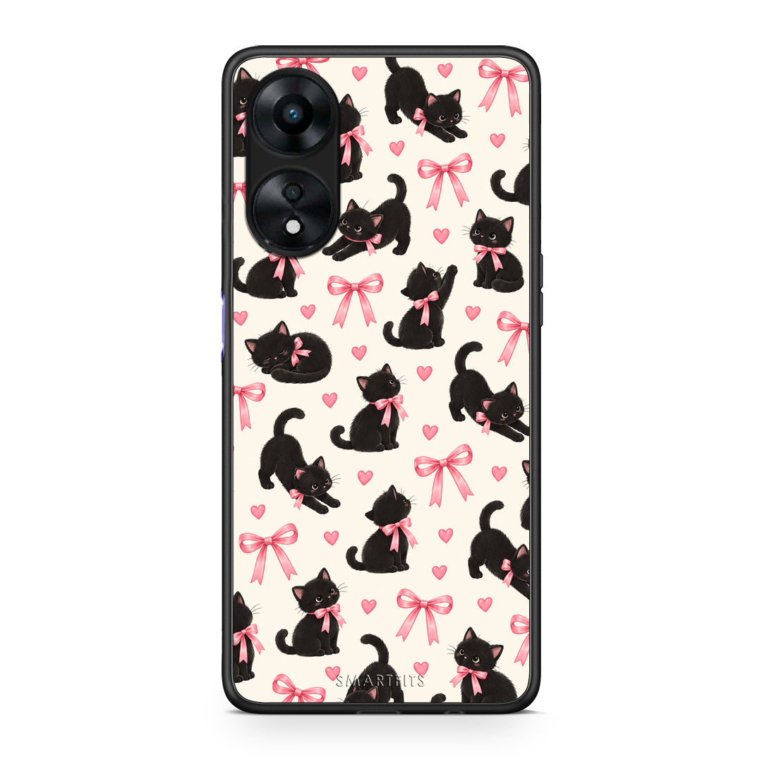 Θήκη Oppo A78 5G Black Kittens and Pink Bows on Cream Small από τη Smartfits με σχέδιο στο πίσω μέρος και μαύρο περίβλημα | Oppo A78 5G Black Kittens and Pink Bows on Cream Small case with colorful back and black bezels