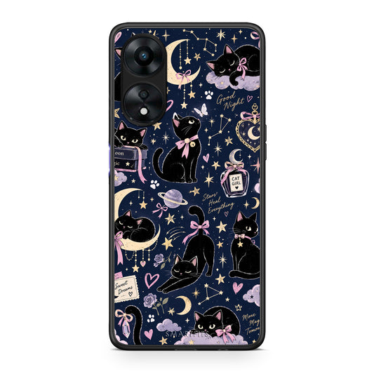 Θήκη Oppo A78 5G Celestial Black Cats on Navy από τη Smartfits με σχέδιο στο πίσω μέρος και μαύρο περίβλημα | Oppo A78 5G Celestial Black Cats on Navy case with colorful back and black bezels