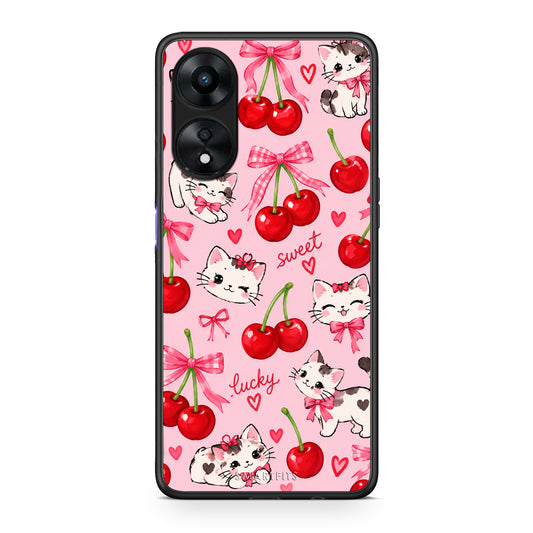 Θήκη Oppo A78 5G Cherries Bows and Kittens on Pink από τη Smartfits με σχέδιο στο πίσω μέρος και μαύρο περίβλημα | Oppo A78 5G Cherries Bows and Kittens on Pink case with colorful back and black bezels
