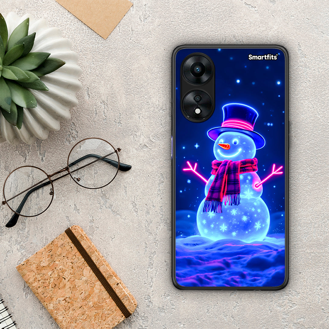 Θήκη Oppo A78 Christmas Neon Snowman από τη Smartfits με σχέδιο στο πίσω μέρος και μαύρο περίβλημα | Oppo A78 Christmas Neon Snowman Case with Colorful Back and Black Bezels