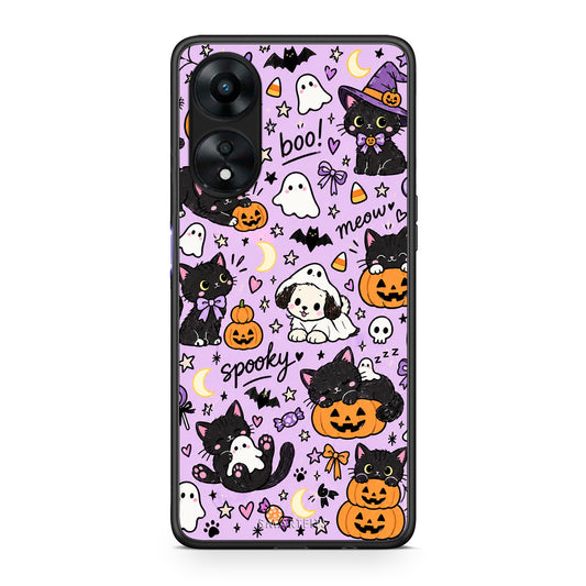 Θήκη Oppo A78 5G Halloween Black Cats on Lilac από τη Smartfits με σχέδιο στο πίσω μέρος και μαύρο περίβλημα | Oppo A78 5G Halloween Black Cats on Lilac case with colorful back and black bezels