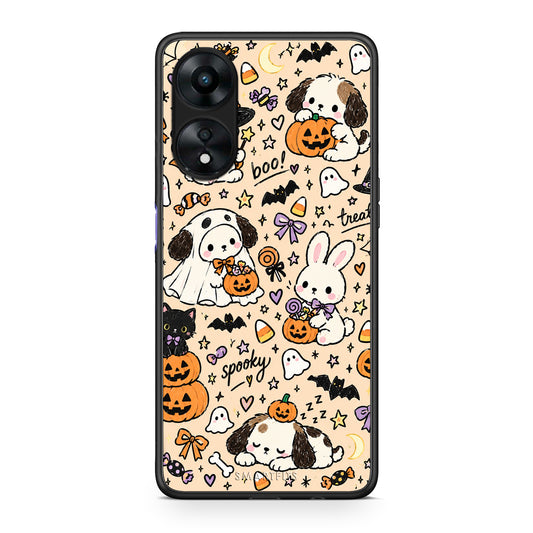Θήκη Oppo A78 5G Halloween Puppies and Friends on Cream από τη Smartfits με σχέδιο στο πίσω μέρος και μαύρο περίβλημα | Oppo A78 5G Halloween Puppies and Friends on Cream case with colorful back and black bezels