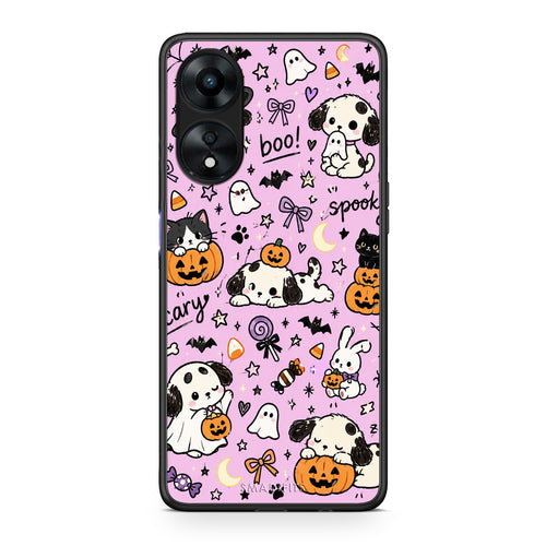 Θήκη Oppo A78 5G Halloween Puppies and Friends on Lilac από τη Smartfits με σχέδιο στο πίσω μέρος και μαύρο περίβλημα | Oppo A78 5G Halloween Puppies and Friends on Lilac case with colorful back and black bezels