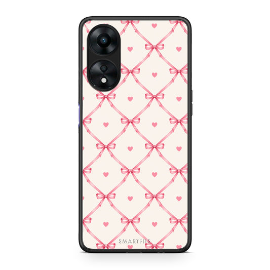 Θήκη Oppo A78 5G Pink Bow Lattice and Hearts on Cream από τη Smartfits με σχέδιο στο πίσω μέρος και μαύρο περίβλημα | Oppo A78 5G Pink Bow Lattice and Hearts on Cream case with colorful back and black bezels