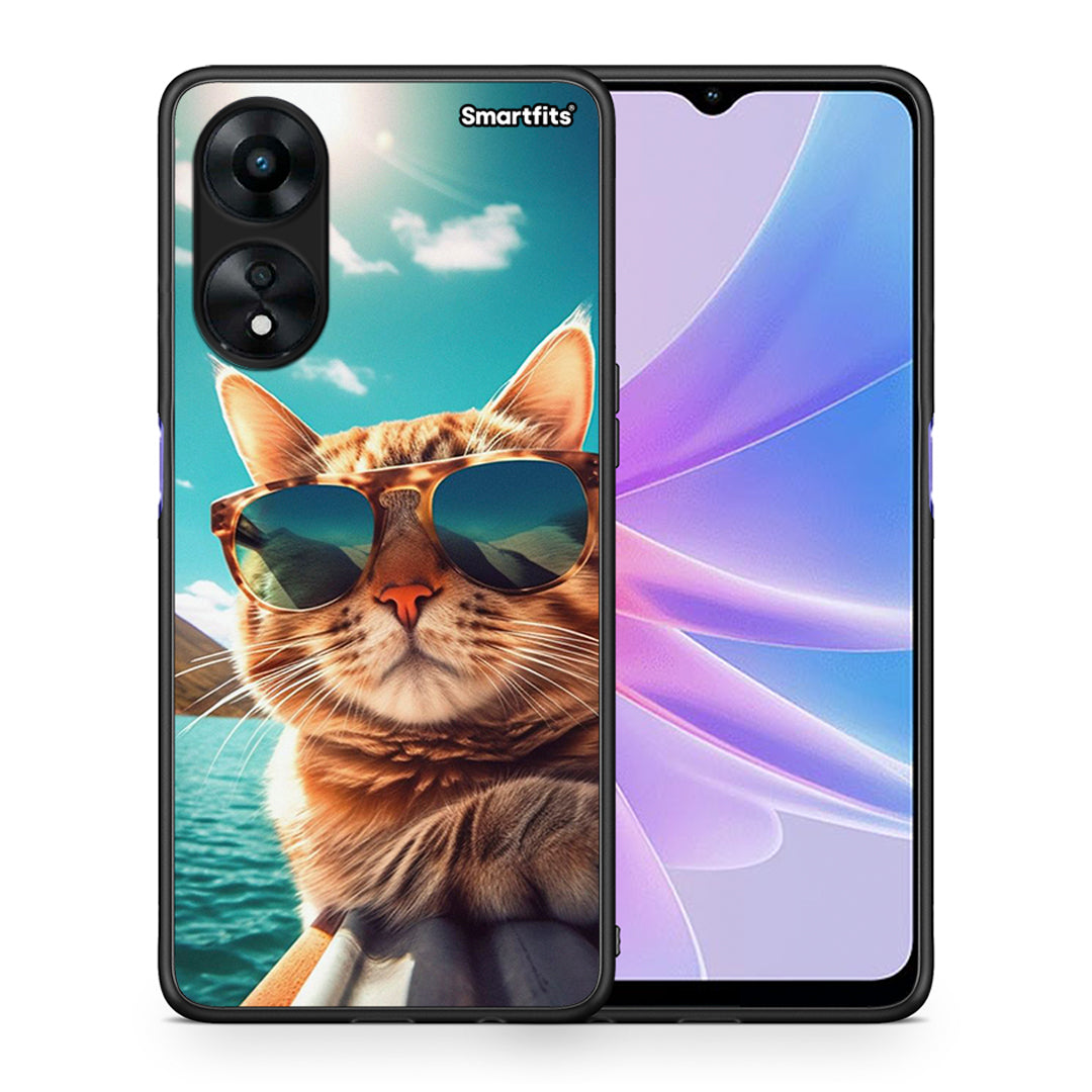 Θήκη Oppo A78 Summer Cat από τη Smartfits με σχέδιο στο πίσω μέρος και μαύρο περίβλημα | Oppo A78 Summer Cat Case with Colorful Back and Black Bezels