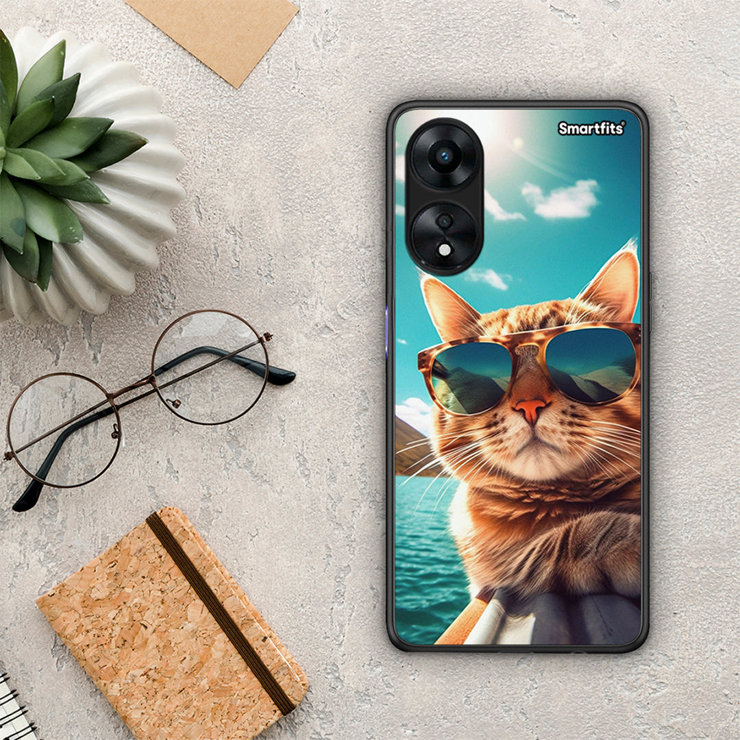 Θήκη Oppo A78 Summer Cat από τη Smartfits με σχέδιο στο πίσω μέρος και μαύρο περίβλημα | Oppo A78 Summer Cat Case with Colorful Back and Black Bezels