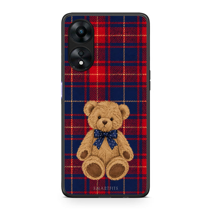 Θήκη Oppo A78 5G Teddy Bear on Red and Navy Tartan από τη Smartfits με σχέδιο στο πίσω μέρος και μαύρο περίβλημα | Oppo A78 5G Teddy Bear on Red and Navy Tartan case with colorful back and black bezels
