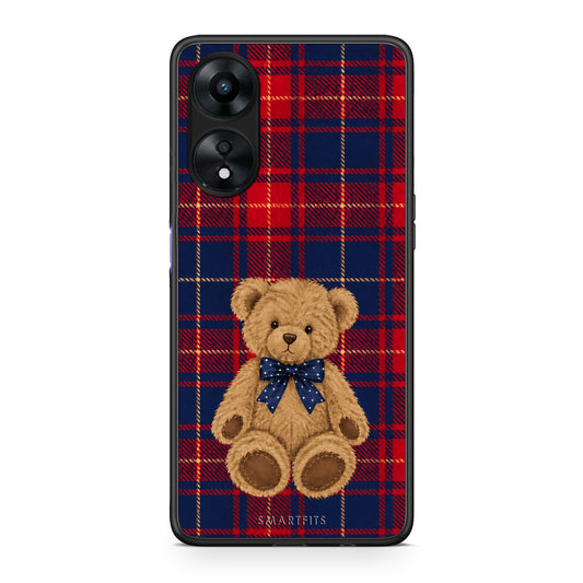 Θήκη Oppo A78 5G Teddy Bear on Red and Navy Tartan από τη Smartfits με σχέδιο στο πίσω μέρος και μαύρο περίβλημα | Oppo A78 5G Teddy Bear on Red and Navy Tartan case with colorful back and black bezels