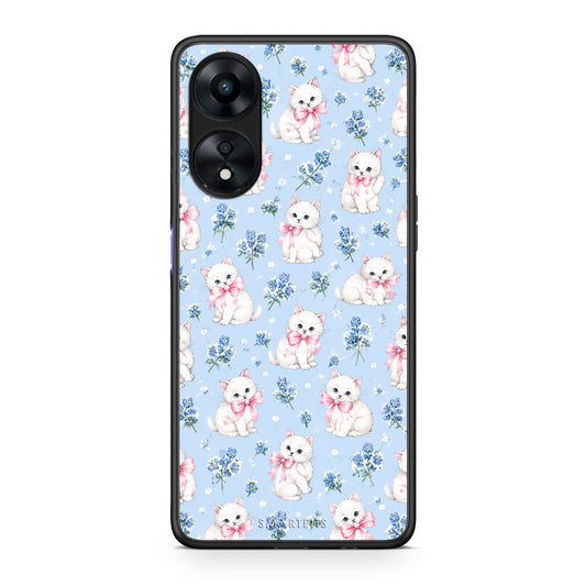 Θήκη Oppo A78 5G White Kittens and Blue Flowers Small από τη Smartfits με σχέδιο στο πίσω μέρος και μαύρο περίβλημα | Oppo A78 5G White Kittens and Blue Flowers Small case with colorful back and black bezels