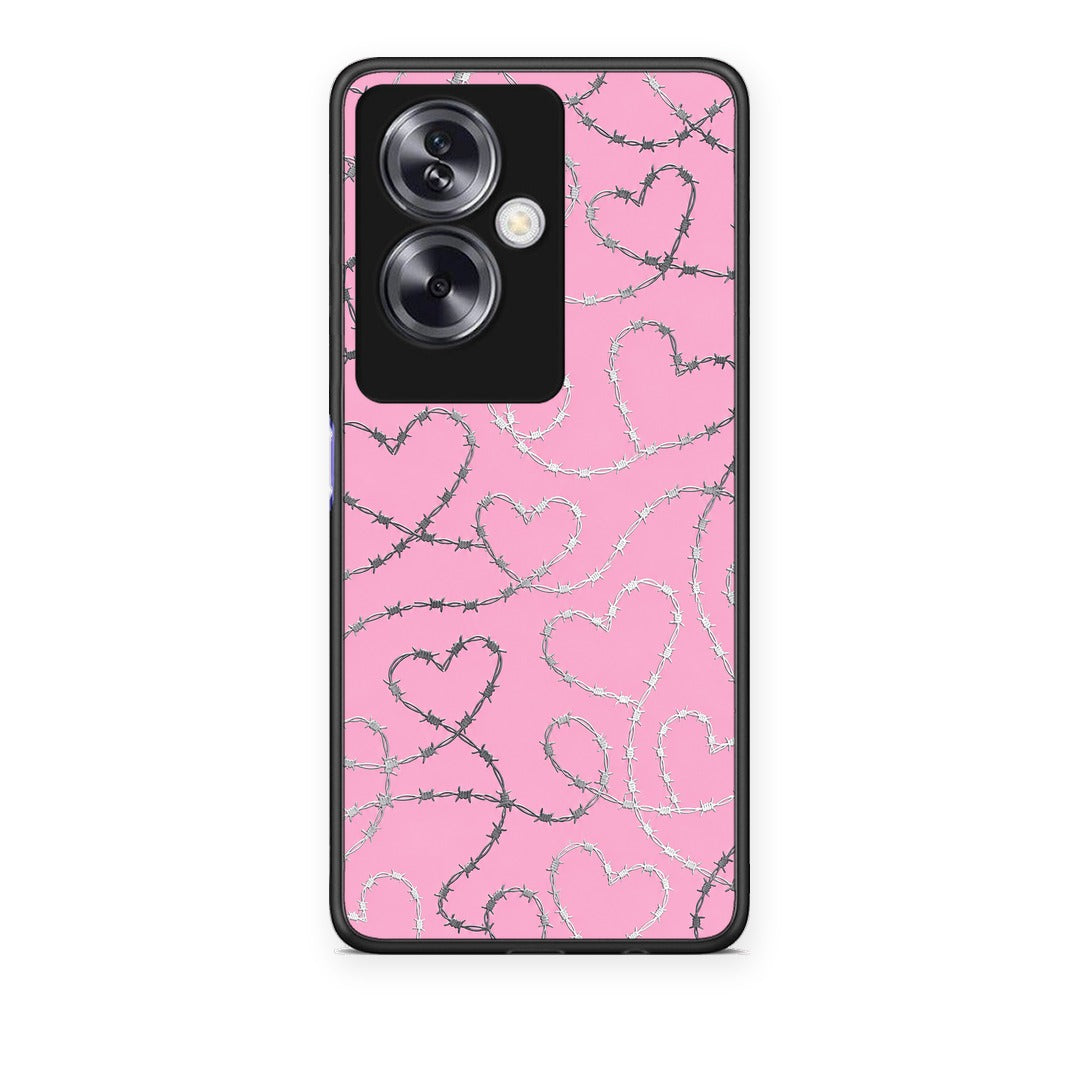 Θήκη Oppo A79 / A2 Barbed Wire Hearts on Pink από τη Smartfits με σχέδιο στο πίσω μέρος και μαύρο περίβλημα | Oppo A79 / A2 Barbed Wire Hearts on Pink case with colorful back and black bezels