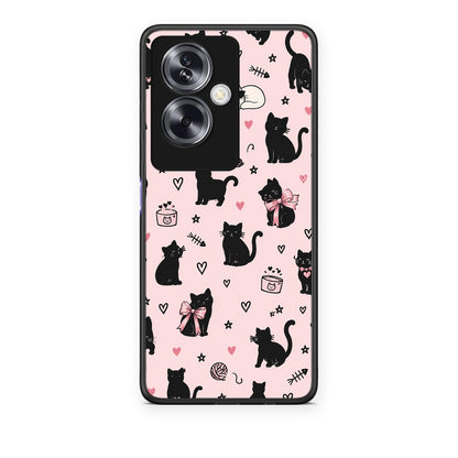 Θήκη Oppo A79 / A2 Black Cat Doodles on Pink από τη Smartfits με σχέδιο στο πίσω μέρος και μαύρο περίβλημα | Oppo A79 / A2 Black Cat Doodles on Pink case with colorful back and black bezels