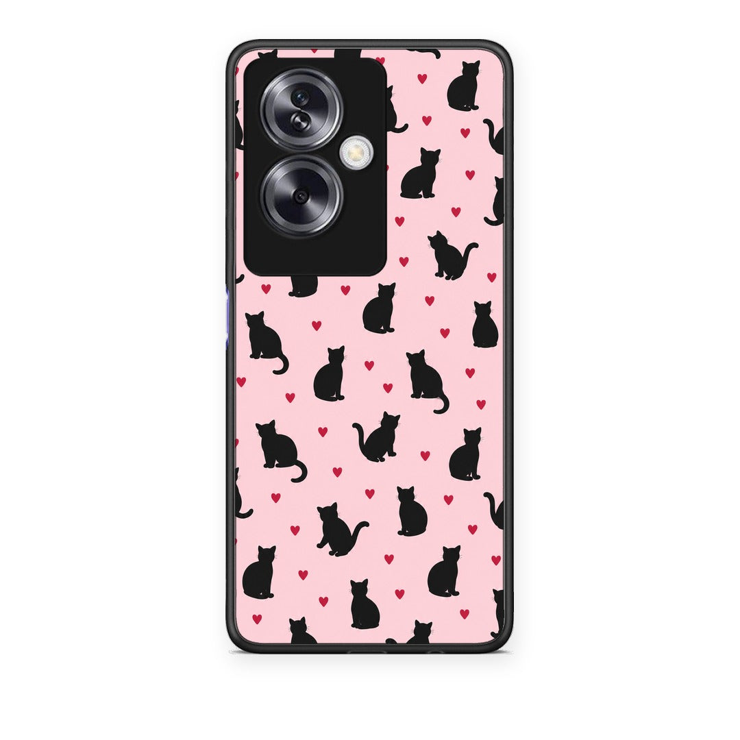 Θήκη Oppo A79 / A2 Black Cat Silhouettes and Hearts on Pink από τη Smartfits με σχέδιο στο πίσω μέρος και μαύρο περίβλημα | Oppo A79 / A2 Black Cat Silhouettes and Hearts on Pink case with colorful back and black bezels