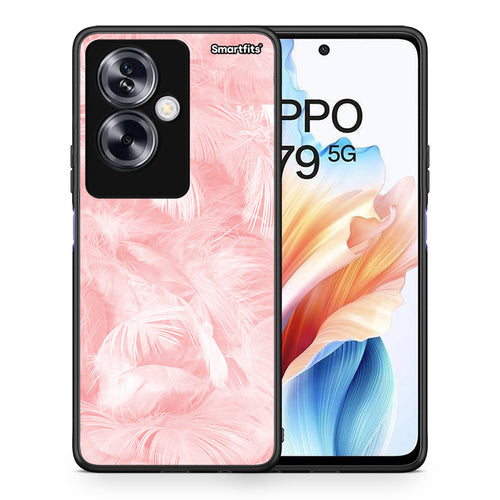 Θήκη Oppo A79 / A2 Pink Feather Boho από τη Smartfits με σχέδιο στο πίσω μέρος και μαύρο περίβλημα | Oppo A79 / A2 Pink Feather Boho case with colorful back and black bezels