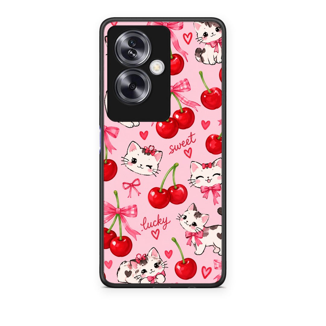Θήκη Oppo A79 / A2 Cherries Bows and Kittens on Pink από τη Smartfits με σχέδιο στο πίσω μέρος και μαύρο περίβλημα | Oppo A79 / A2 Cherries Bows and Kittens on Pink case with colorful back and black bezels
