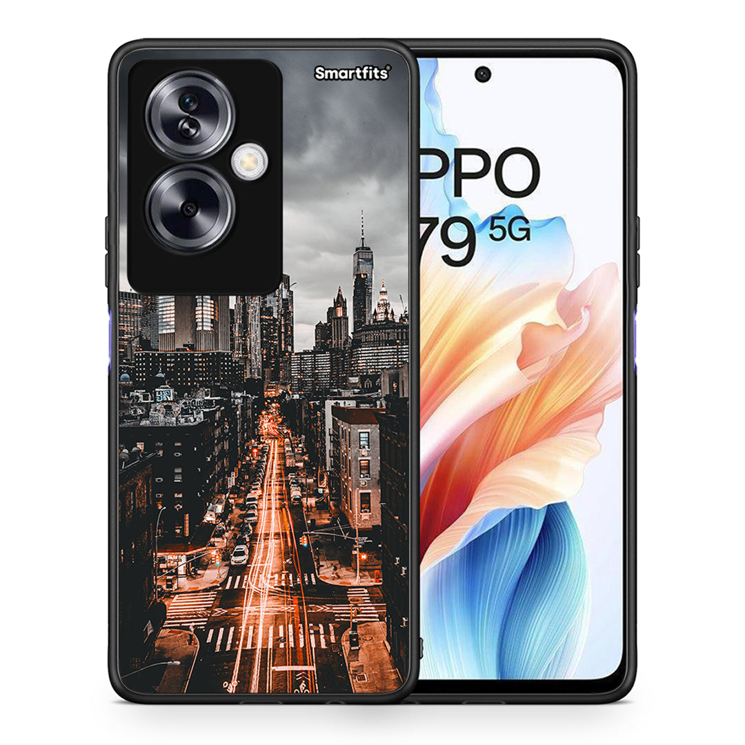 Θήκη Oppo A79 / A2 City Lights από τη Smartfits με σχέδιο στο πίσω μέρος και μαύρο περίβλημα | Oppo A79 / A2 City Lights case with colorful back and black bezels