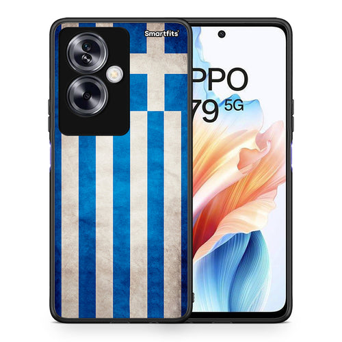 Θήκη Oppo A79 / A2 Greek Flag από τη Smartfits με σχέδιο στο πίσω μέρος και μαύρο περίβλημα | Oppo A79 / A2 Greek Flag case with colorful back and black bezels