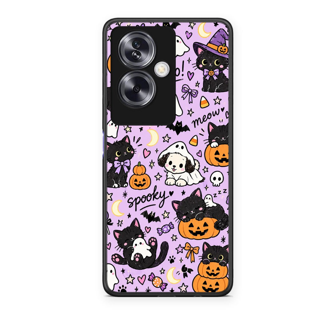 Θήκη Oppo A79 / A2 Halloween Black Cats on Lilac από τη Smartfits με σχέδιο στο πίσω μέρος και μαύρο περίβλημα | Oppo A79 / A2 Halloween Black Cats on Lilac case with colorful back and black bezels