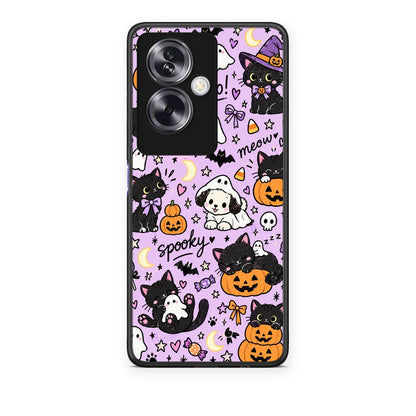 Θήκη Oppo A79 / A2 Halloween Black Cats on Lilac από τη Smartfits με σχέδιο στο πίσω μέρος και μαύρο περίβλημα | Oppo A79 / A2 Halloween Black Cats on Lilac case with colorful back and black bezels