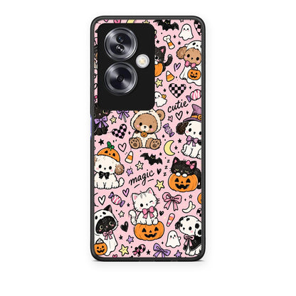 Θήκη Oppo A79 / A2 Halloween Cute Animals on Pink από τη Smartfits με σχέδιο στο πίσω μέρος και μαύρο περίβλημα | Oppo A79 / A2 Halloween Cute Animals on Pink case with colorful back and black bezels