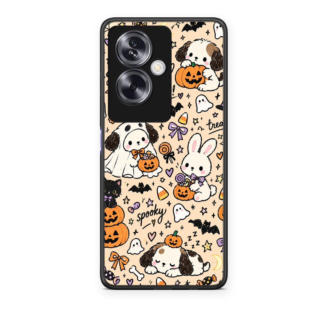 Θήκη Oppo A79 / A2 Halloween Puppies and Friends on Cream από τη Smartfits με σχέδιο στο πίσω μέρος και μαύρο περίβλημα | Oppo A79 / A2 Halloween Puppies and Friends on Cream case with colorful back and black bezels