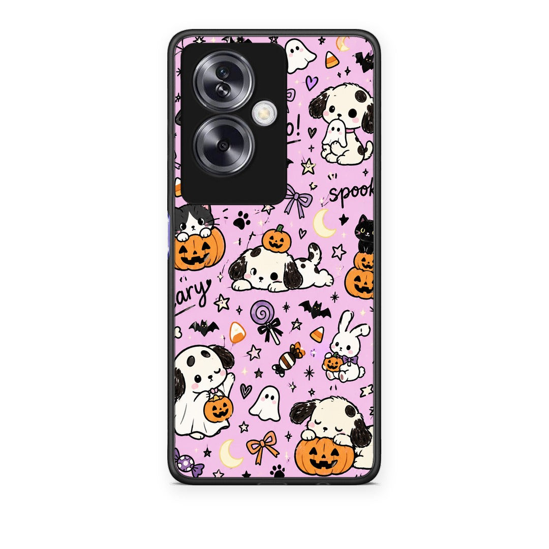 Θήκη Oppo A79 / A2 Halloween Puppies and Friends on Lilac από τη Smartfits με σχέδιο στο πίσω μέρος και μαύρο περίβλημα | Oppo A79 / A2 Halloween Puppies and Friends on Lilac case with colorful back and black bezels